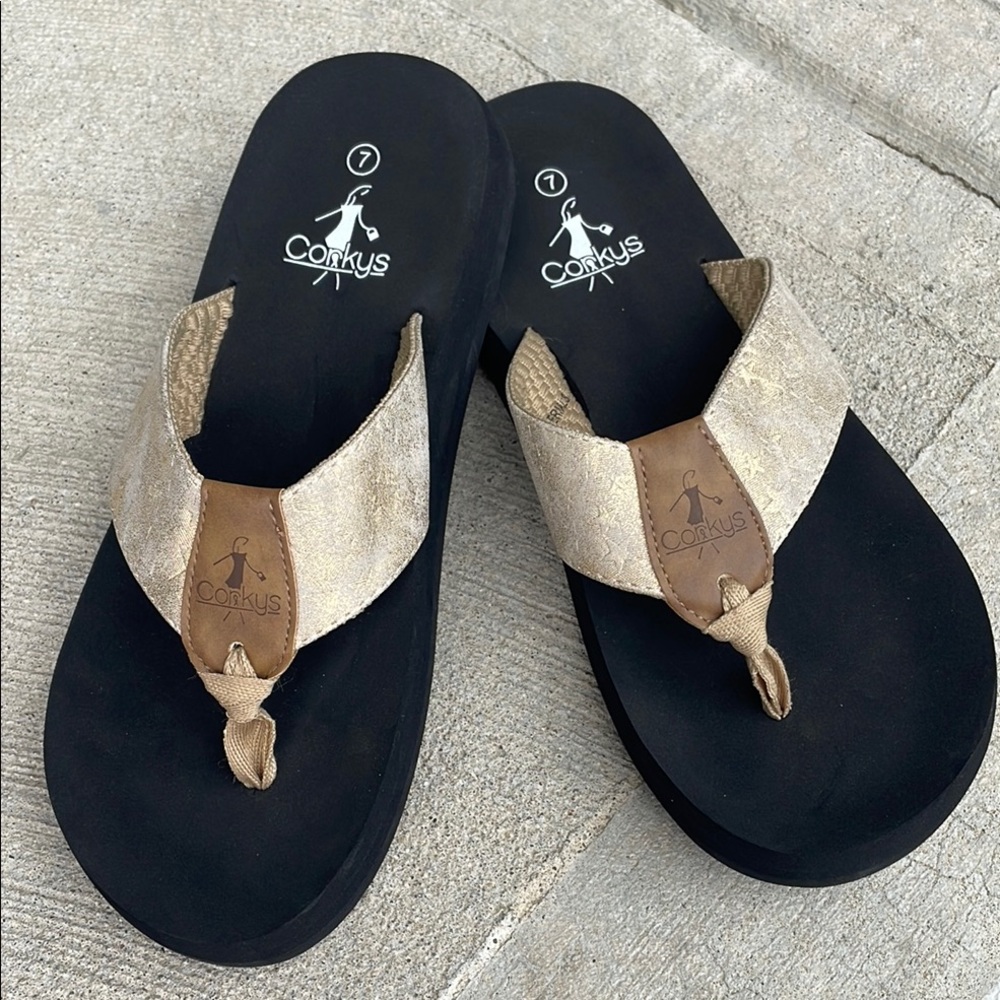 Corkys Black and Gold Flip Flops
